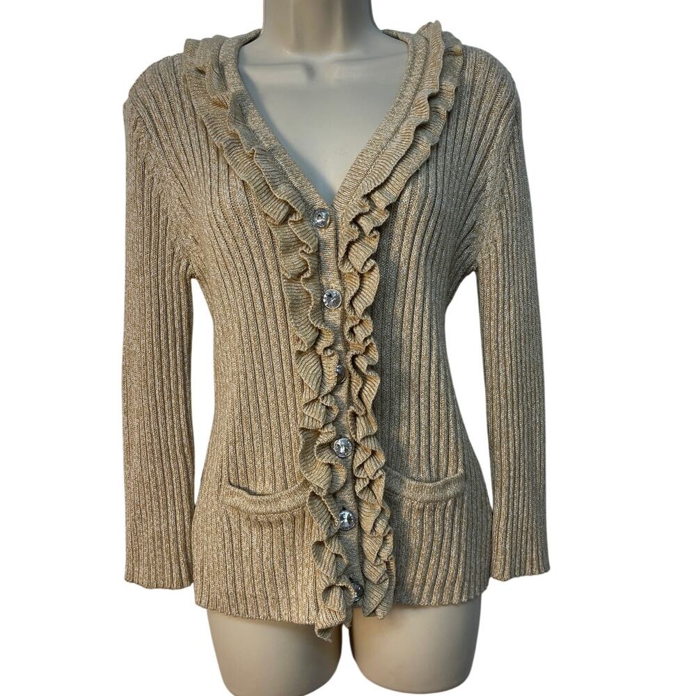 Ruby Rd Long Sleeve V-Neck Button-Up Cardigan Ruffled Front Color Beige Size L
